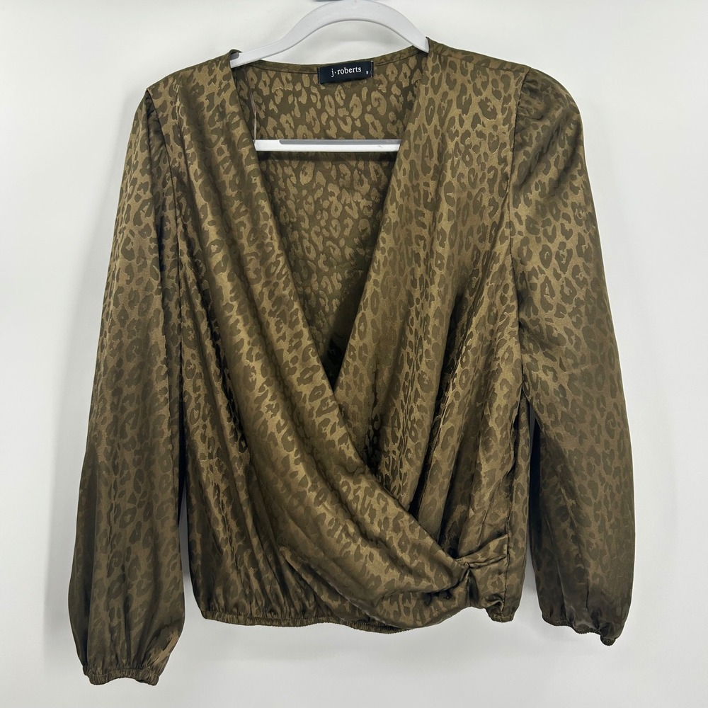 j.roberts Olive Leopard Satin Jacquard Faux Wrap Blouse M6162ST-2 Medium